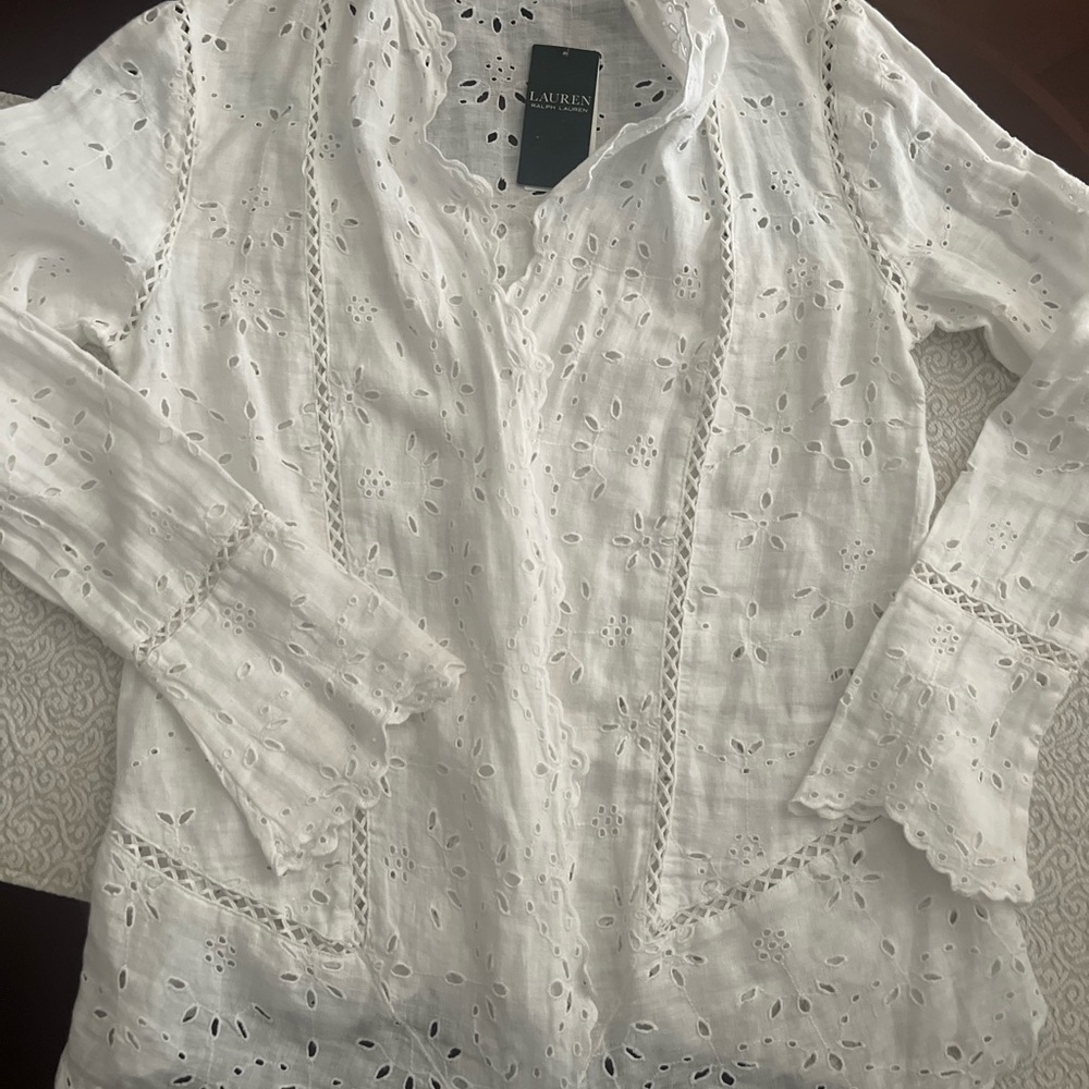 Lauren Ralph Lauren NWT White Eyelet Linen Duster Cottagecore Boho Coastal Small - Picture 6 of 15